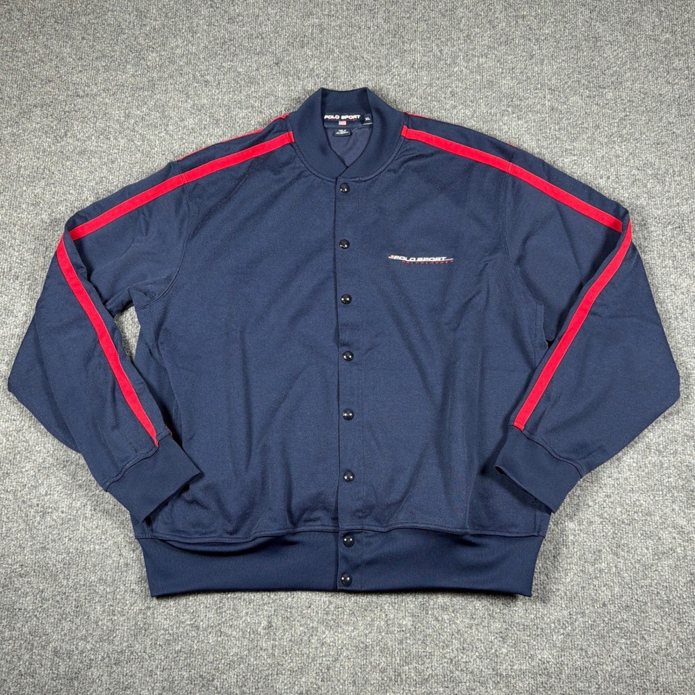 Ralph Lauren POLO SPORT Track Jacket Button Up Mens XL Navy Blue Red Stripe